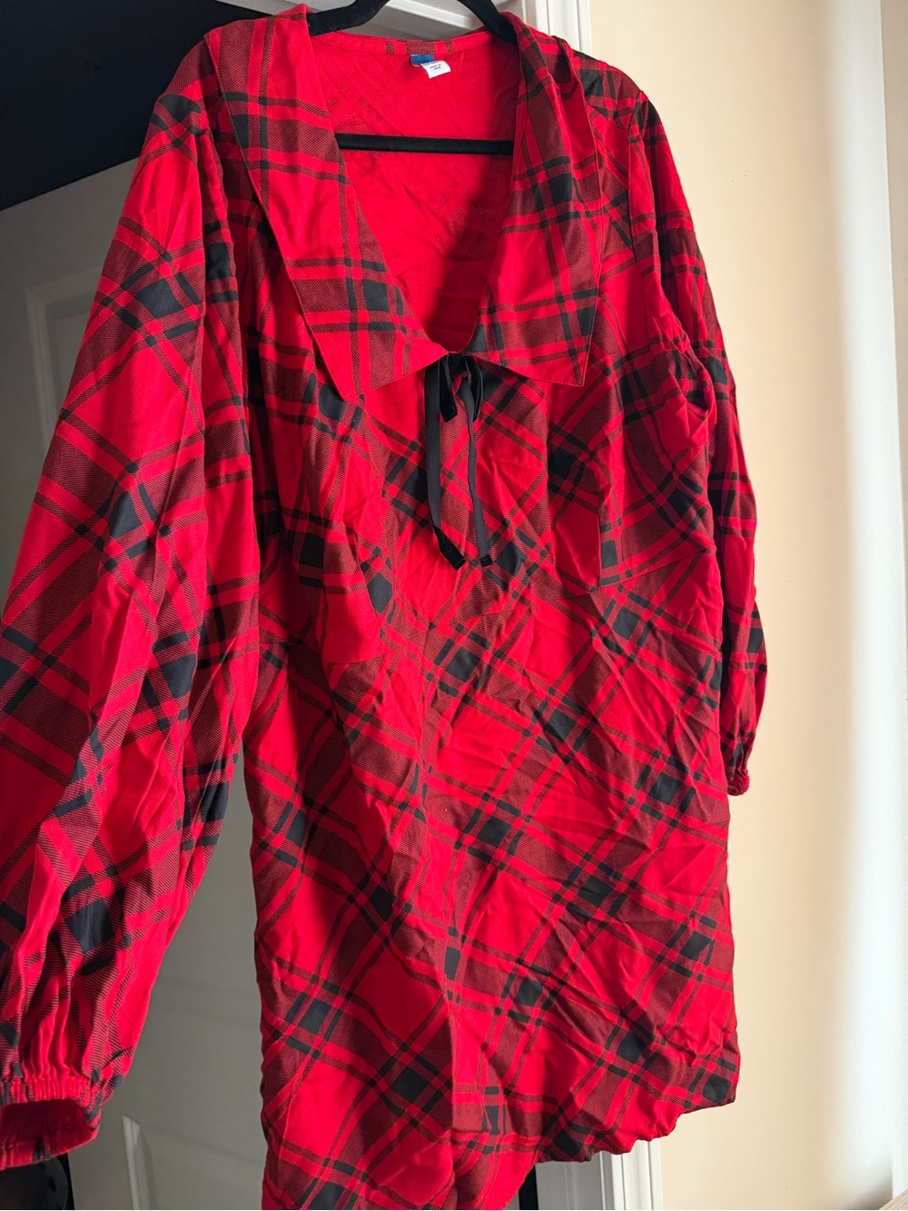 Old Navy Red Plaid Peasant Top with Black Tie Detail